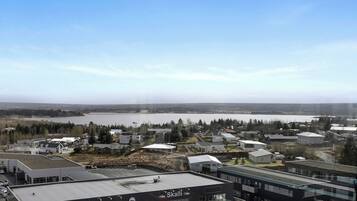 A commercial building with a parking lot and a view of a lake and residential area in the background.