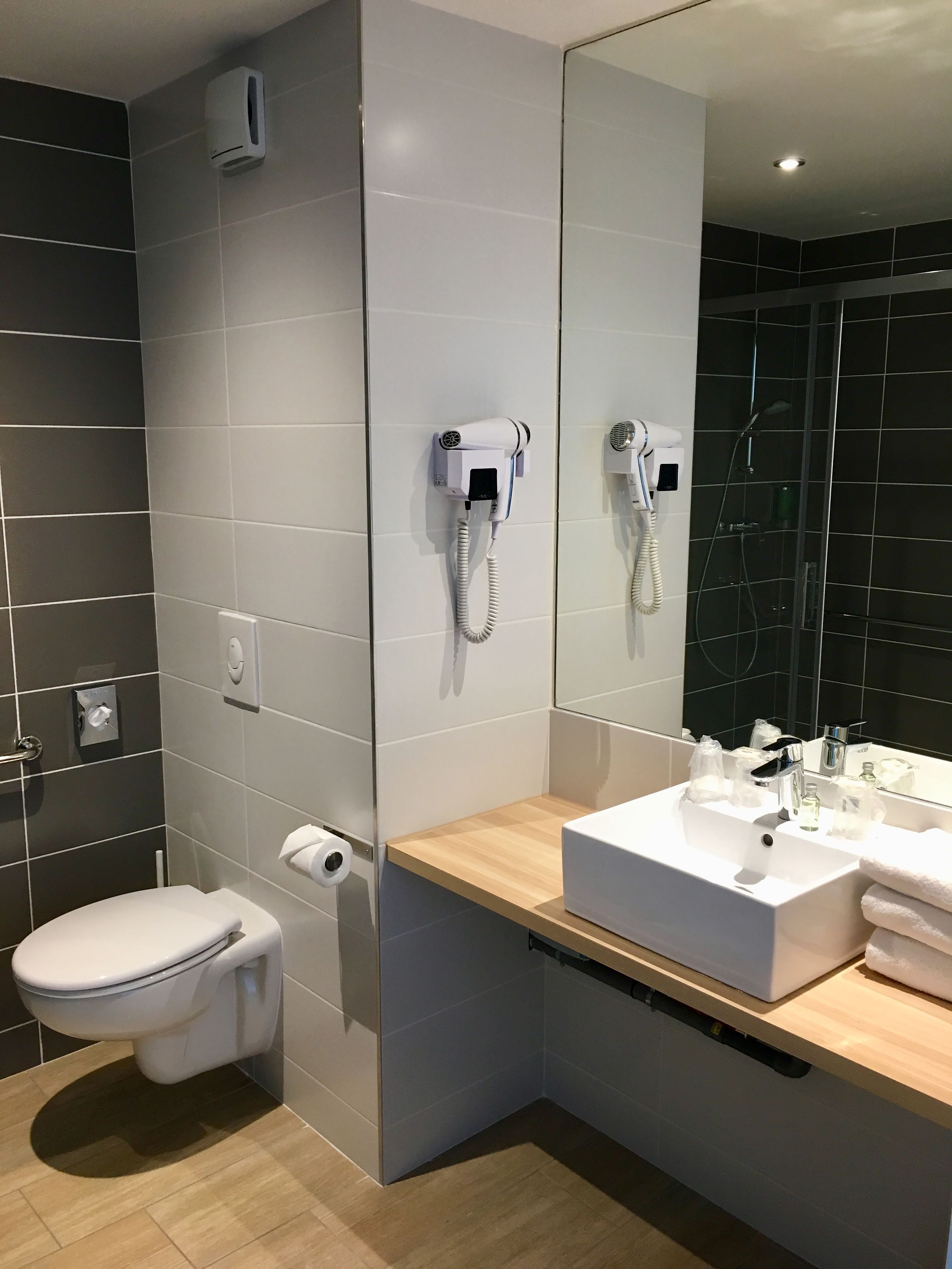 shower, free toiletries, hair dryer, towels