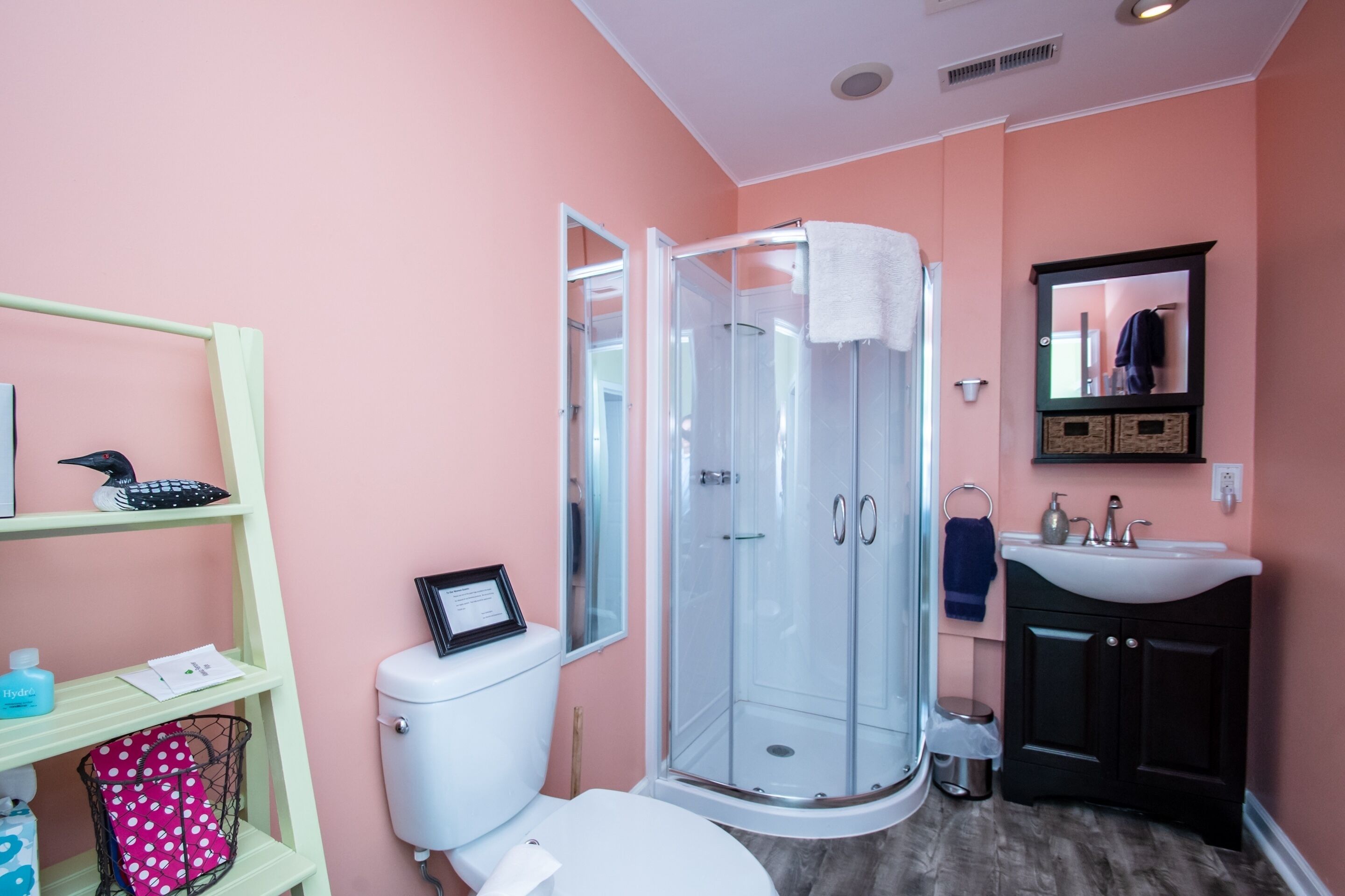 A bathroom with a glass shower enclosure, a toilet, a sink, and a vanity with cabinets.