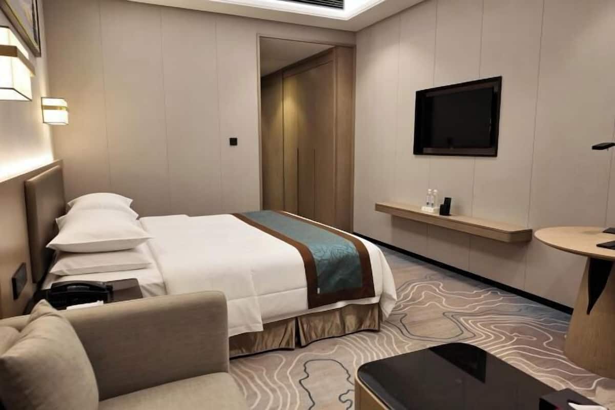 A hotel room with a bed, a sofa, a TV, a small table, and a bathroom area.