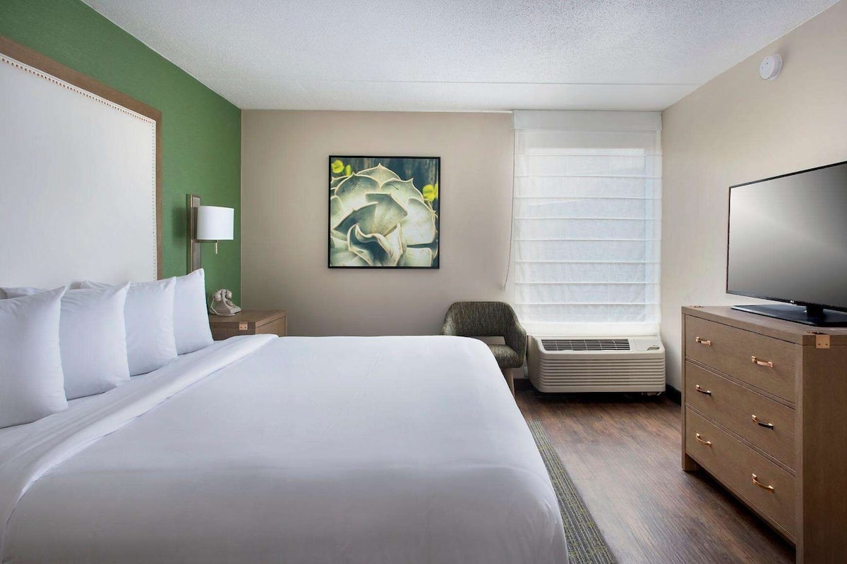 Habitación de hotel con una cama grande, televisión, una silla, escritorio con cajones, lámpara y un cuadro en la pared.