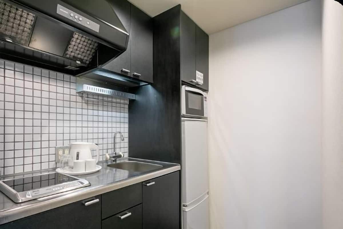 Fridge, microwave, stovetop, electric kettle