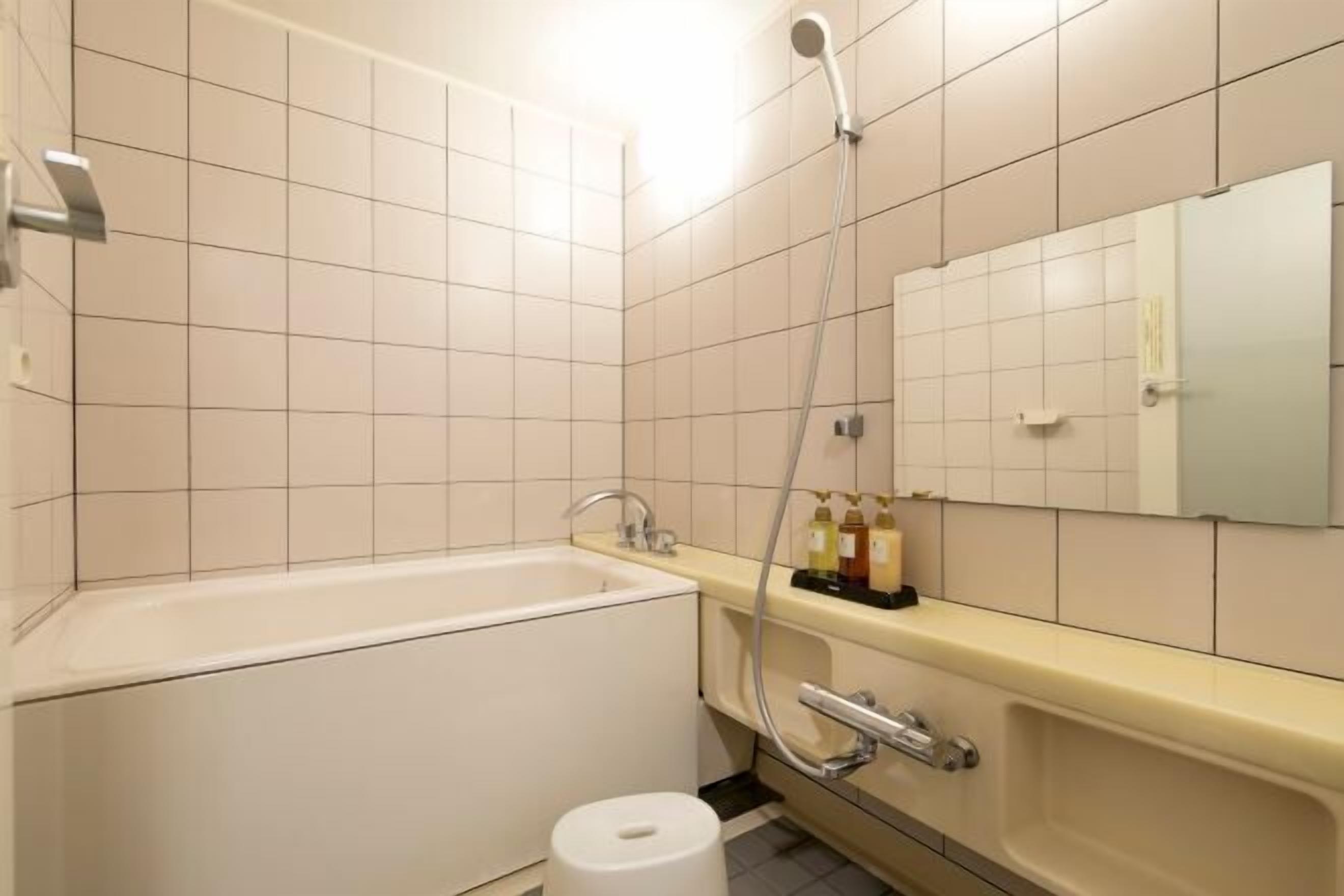 Combined shower/bathtub, free toiletries, hair dryer, slippers