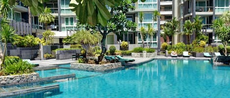 Outdoor pool, pool umbrellas, pool loungers