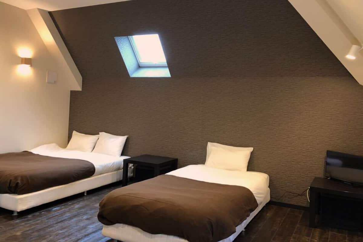 A bedroom with two beds, a skylight, a TV, and a small table.