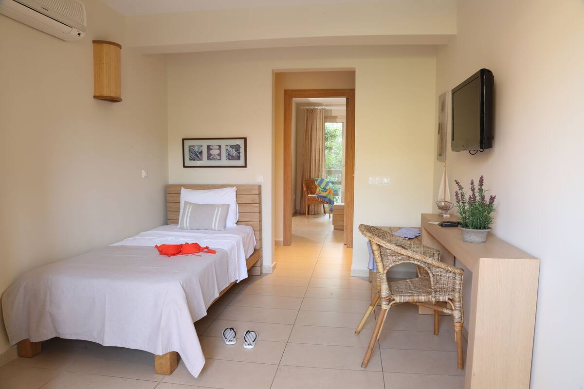 Une chambre d’hôtel avec un lit, un bureau, une chaise, une télévision et une plante en pot.