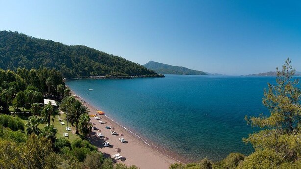 Ein Strand mit einer Reihe von Liegestühlen und Sonnenschirmen, einem klaren blauen Meer und einer bewaldeten Hügelkuppe im Hintergrund.