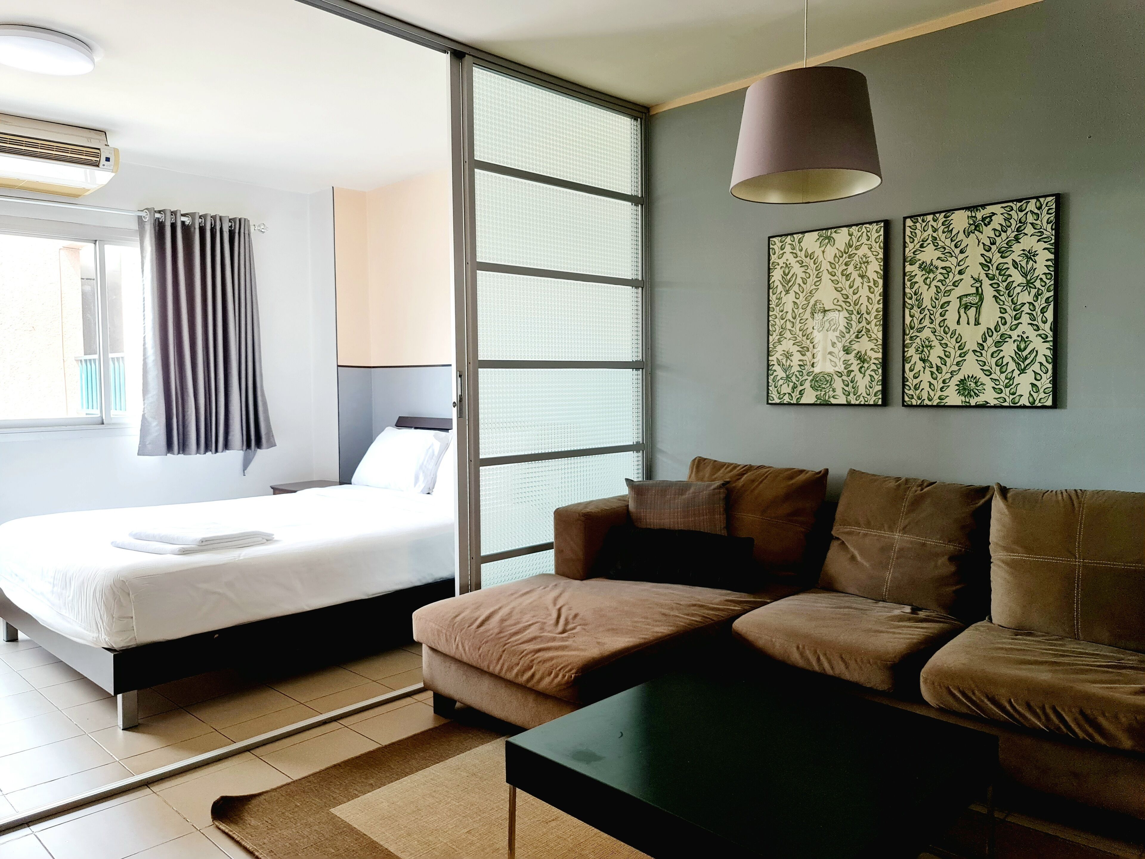 icon siam view studio apartment: queen bed + sofa bed + working desk + non-smoking | desk, laptop workspace, blackout curtains, soundproofing