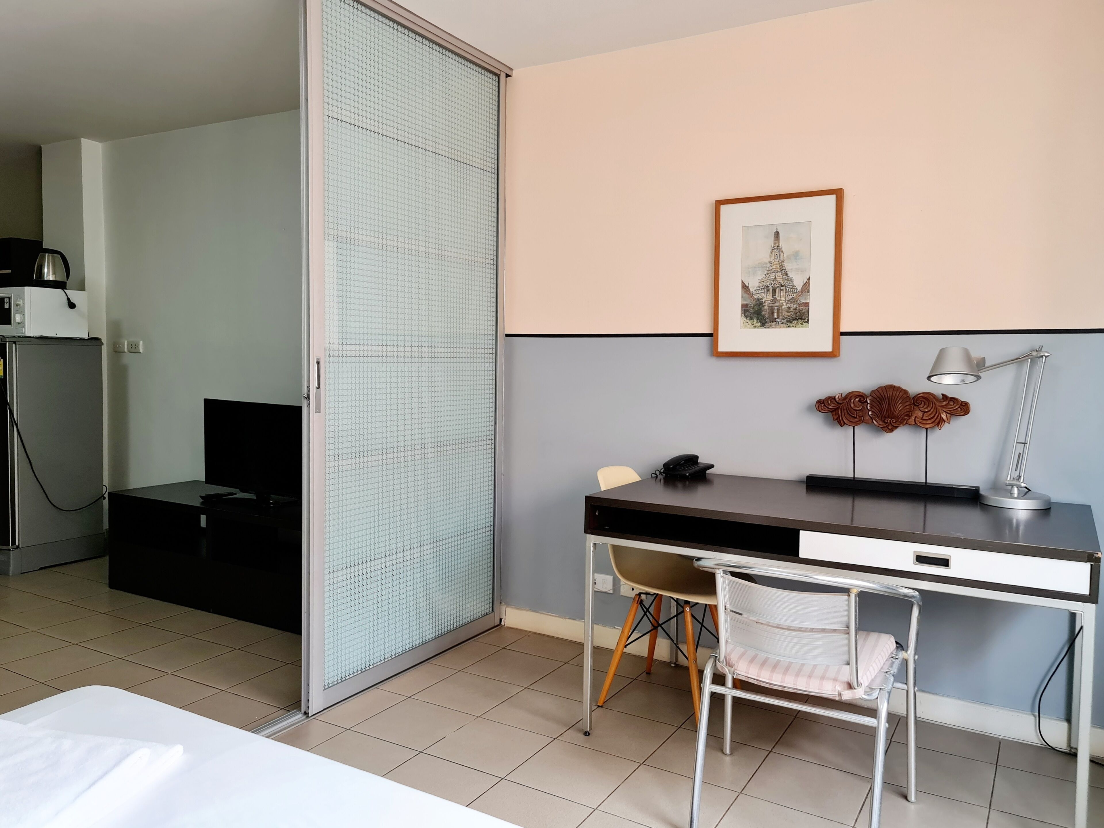 icon siam view studio apartment: queen bed + sofa bed + working desk + non-smoking | desk, laptop workspace, blackout curtains, soundproofing