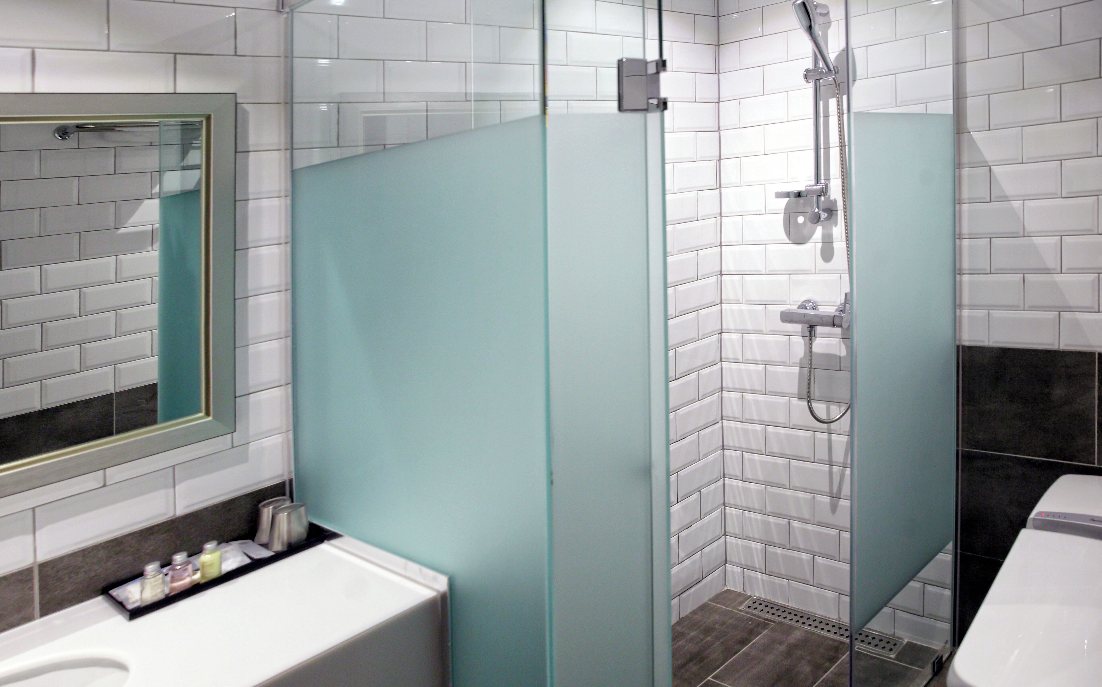 shower, hair dryer, bidet, towels