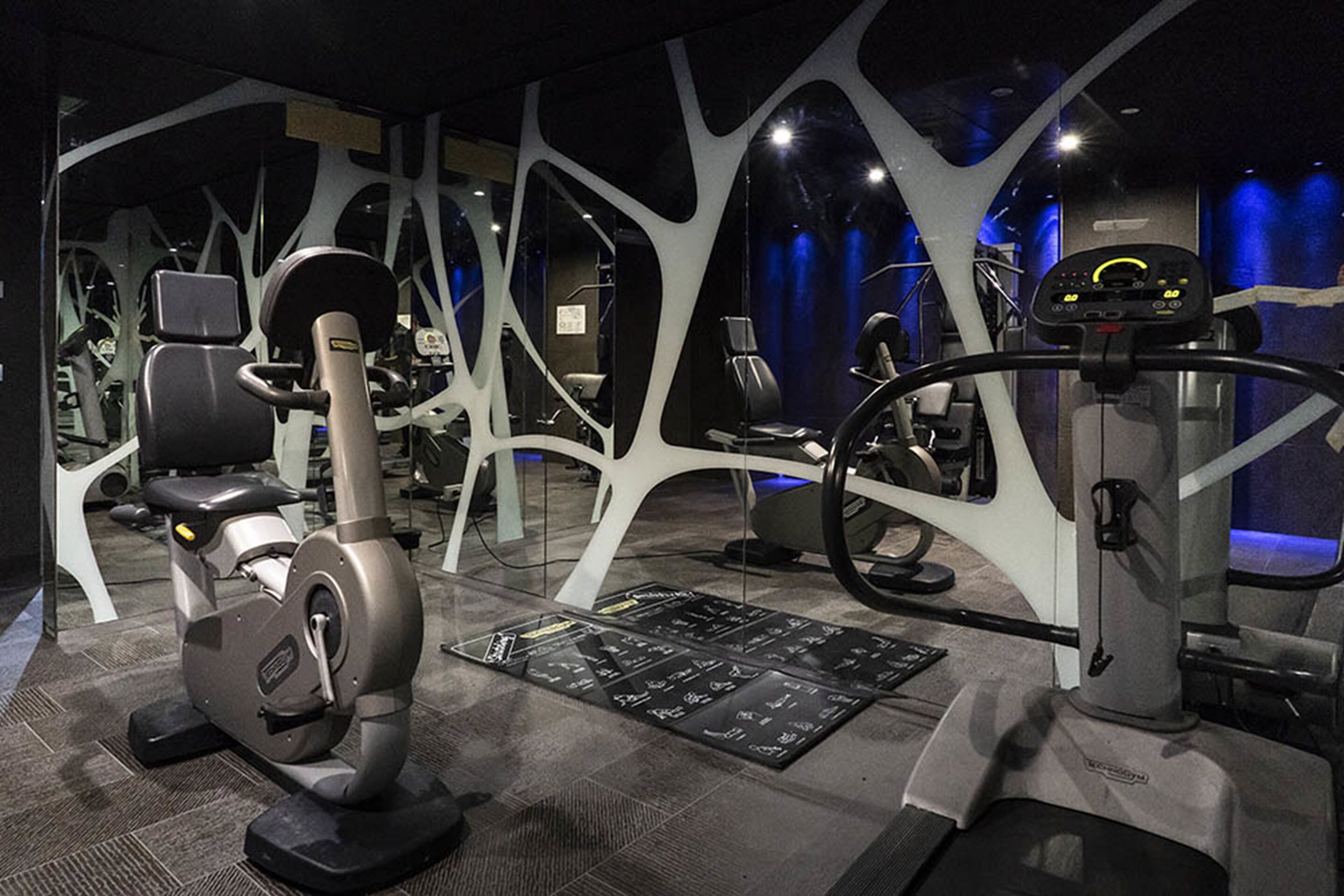 A gym with cardio machines, weightlifting equipment, and a mirrored wall.