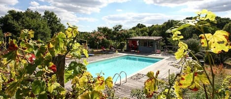 Outdoor pool, a heated pool, sun loungers