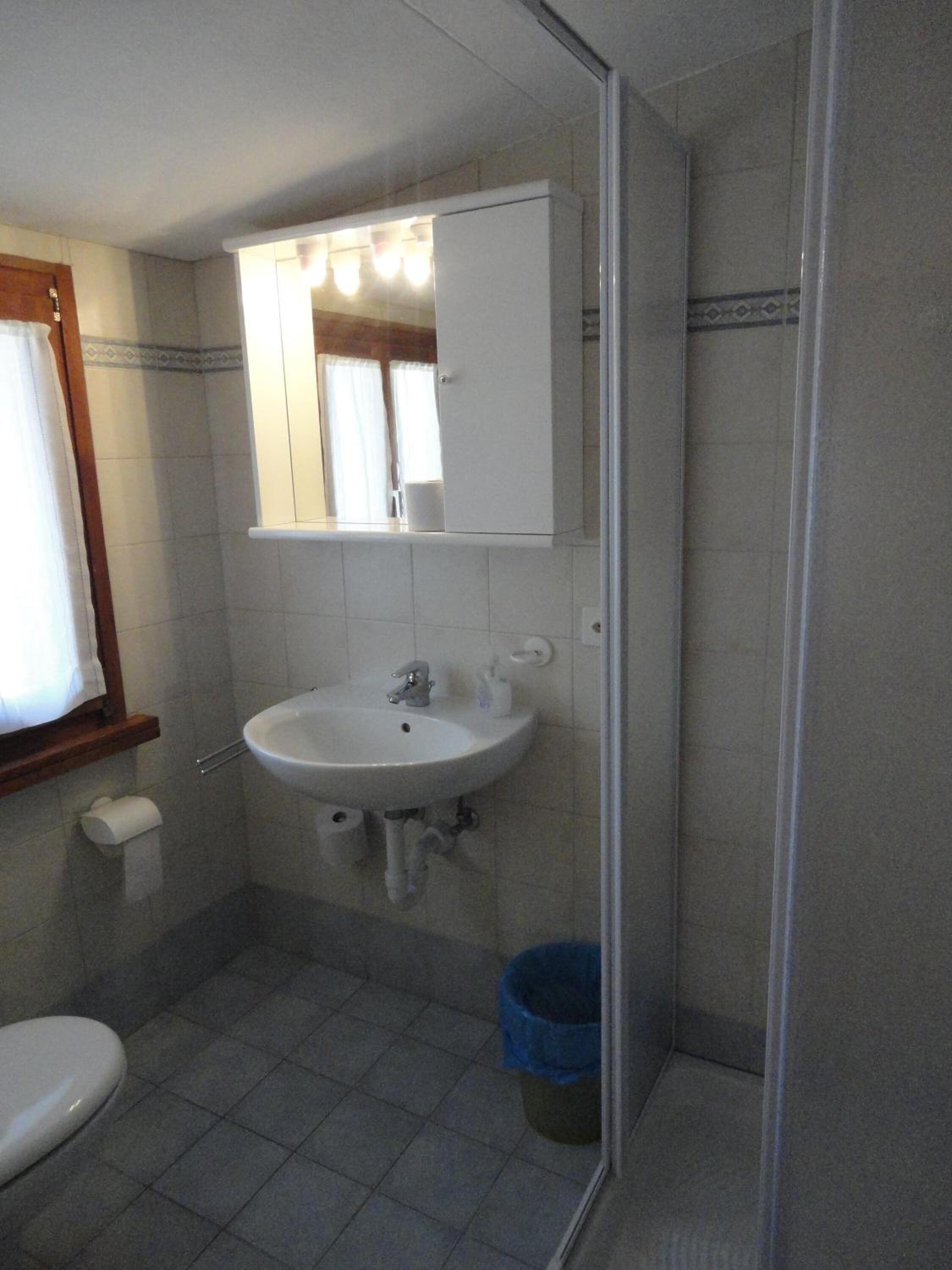 Un baño con un lavamanos blanco, un espejo y una ducha.