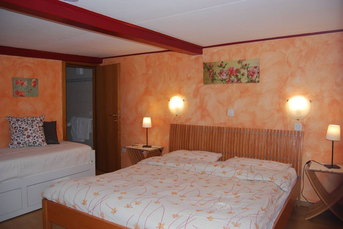 Ein Schlafzimmer mit zwei Betten, einem hölzernen Kopfteil, einem Nachttisch mit Lampe und einem Bild an der Wand.