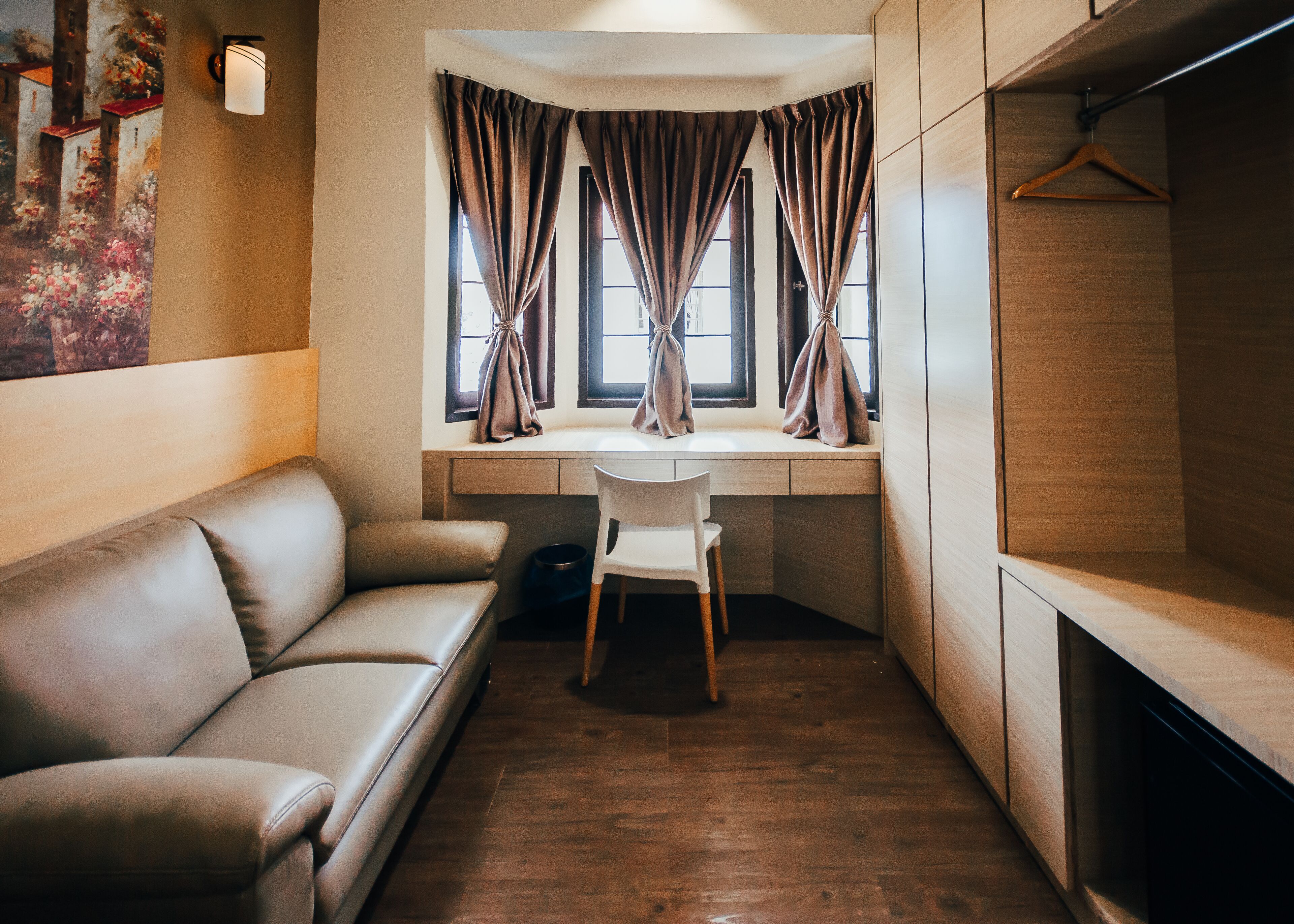 Desk, blackout curtains, soundproofing, iron/ironing board