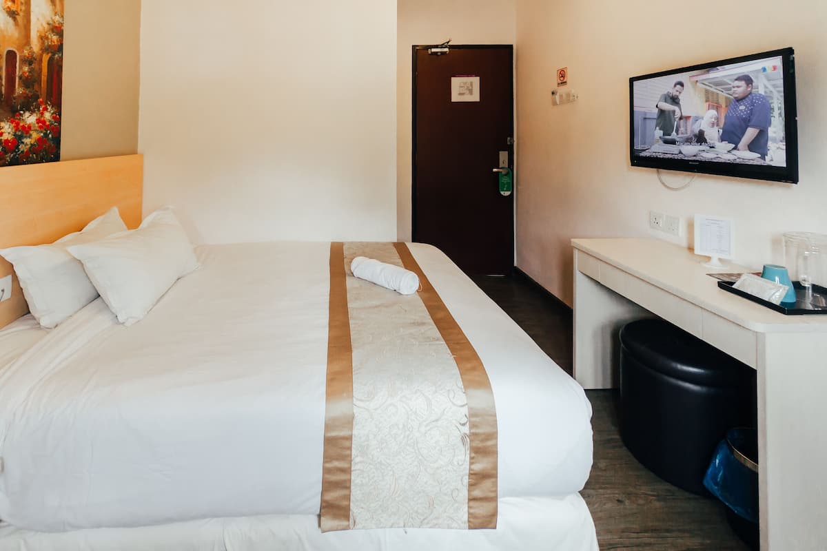 Deluxe Queen with Private Bathroom | Desk, blackout drapes, soundproofing, iron/ironing board
