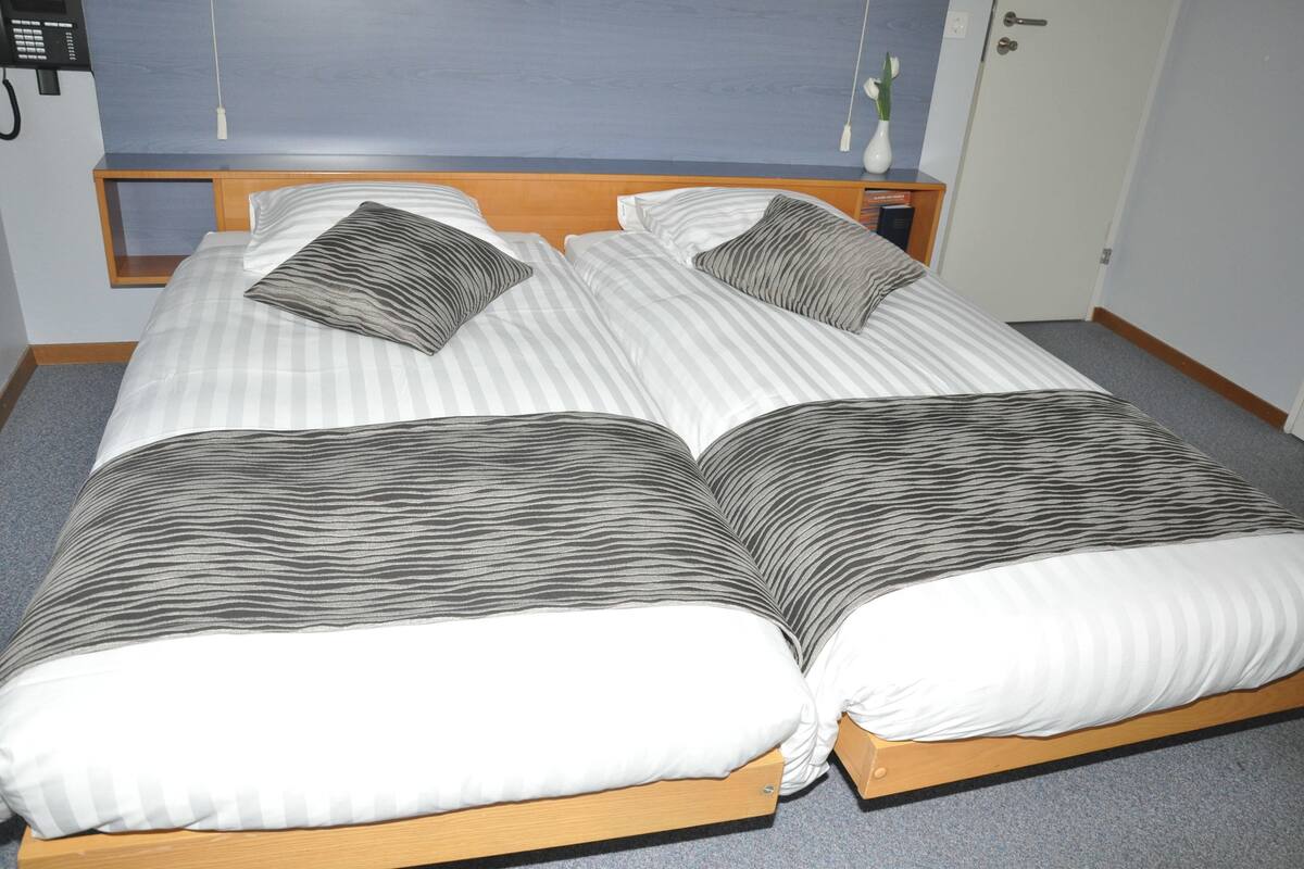 A double bed with striped bedding and two pillows, a bedside table with a vase, and a wall-mounted phone.