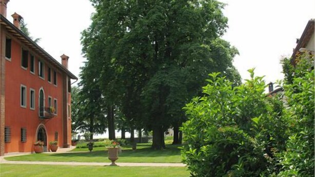 Ein Gebäude aus roten Ziegelsteinen mit einem großen Baum inmitten einer gepflegten Rasenfläche.