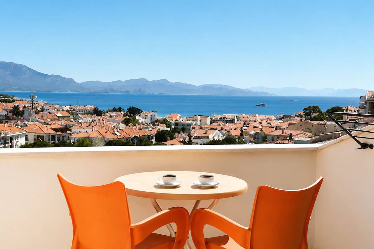 Un balcón con una mesa redonda y dos sillas naranja, con vistas a un pueblo costero de edificios con tejados rojos y un mar azul cristalino.