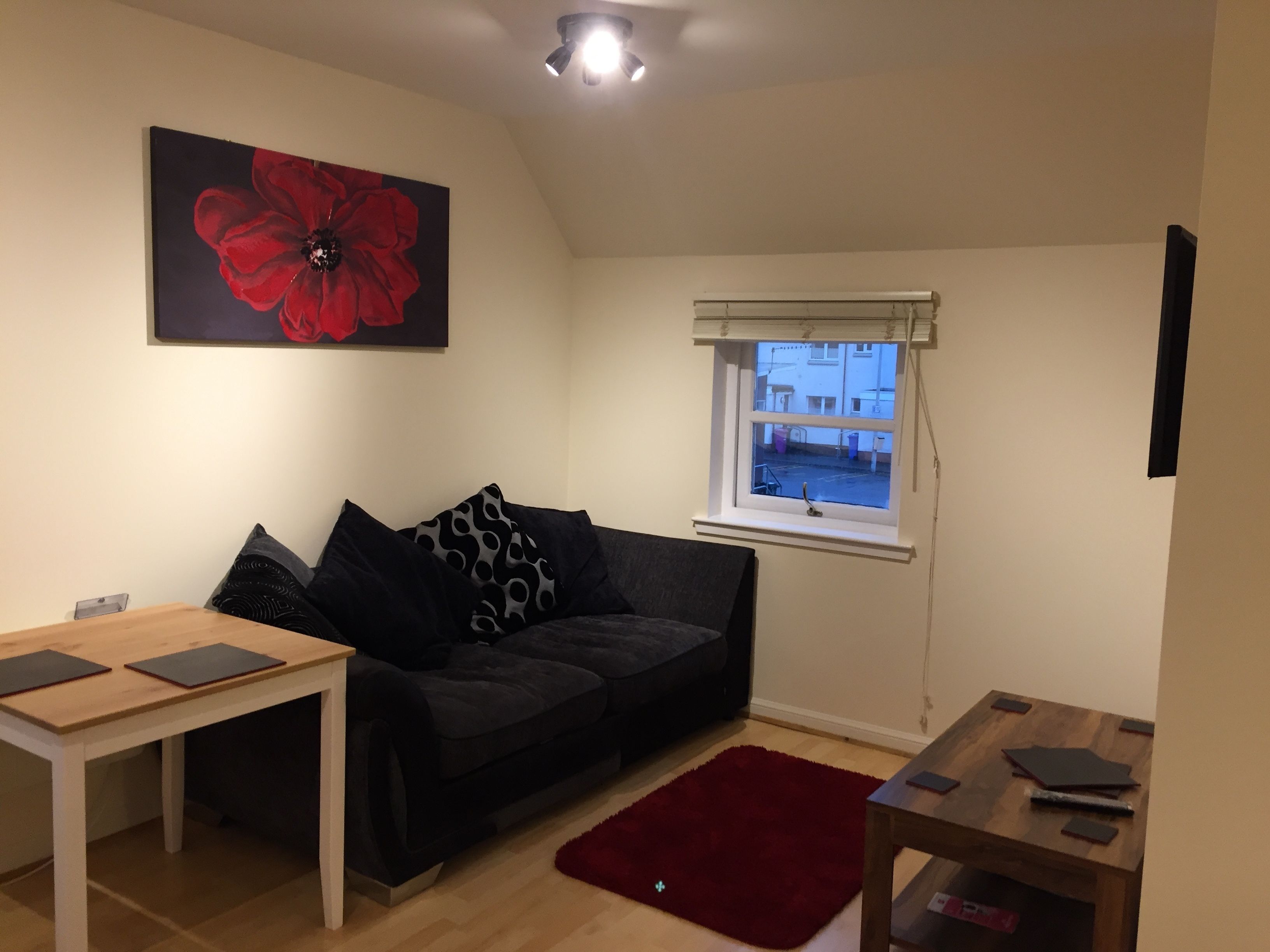 A living room with a black sofa, a wooden table, a red rug, a window with a view of buildings, and a large red flower painting on the wall.