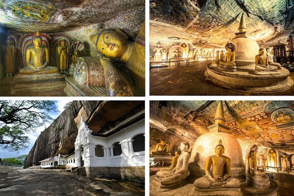 A temple with large Buddha statues, intricate carvings, and a large rock formation. - Cassandra Culture Resort (Avudangawa)