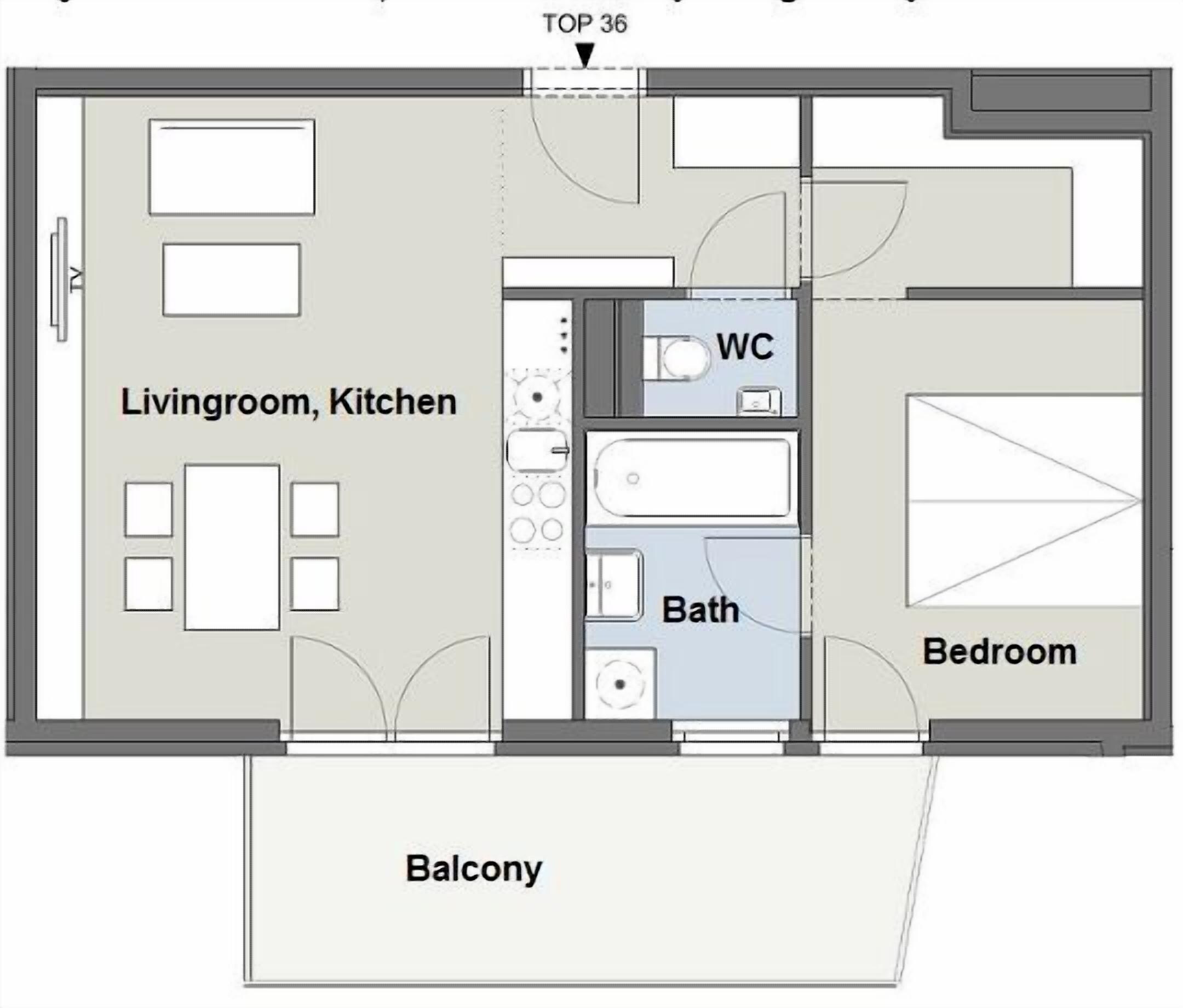 Grundriss einer 2-Zimmer-Wohnung mit Balkon, Wohnzimmer, Küche, WC und Bad.