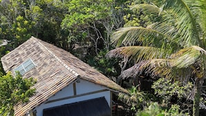 Una cabaña con techo de paja, una piscina pequeña y abundante vegetación tropical a su alrededor.