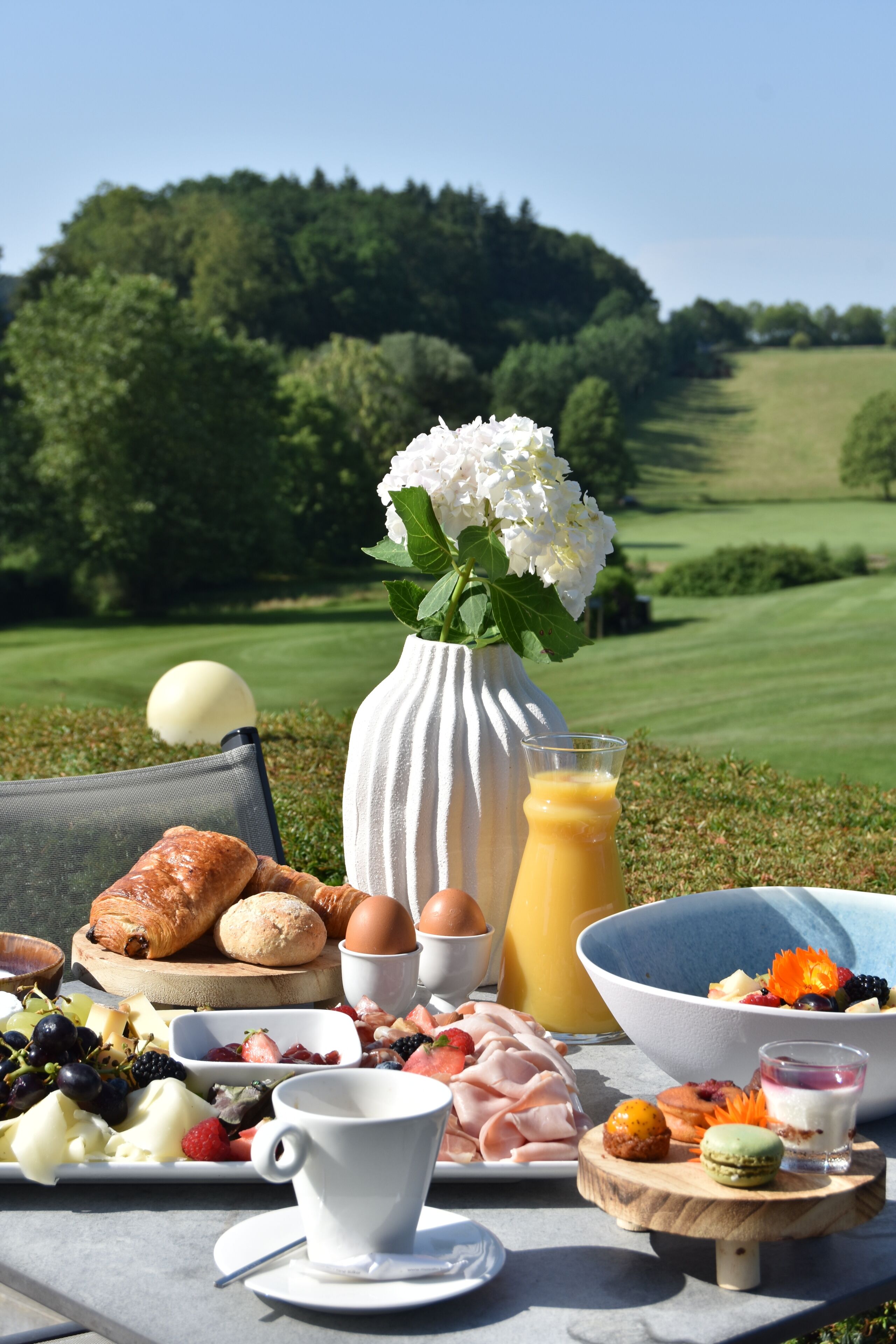 A table set outdoors with food, a vase of flowers, and a scenic view in the background.