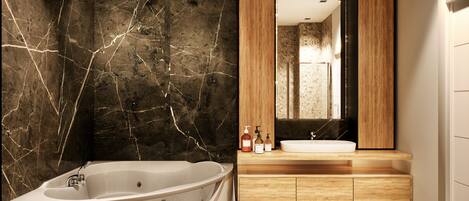 A modern bathroom with a freestanding bathtub, a wooden vanity, and a large mirror.