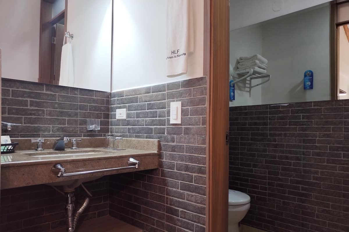 Un baño con lavamanos, espejo e inodoro.