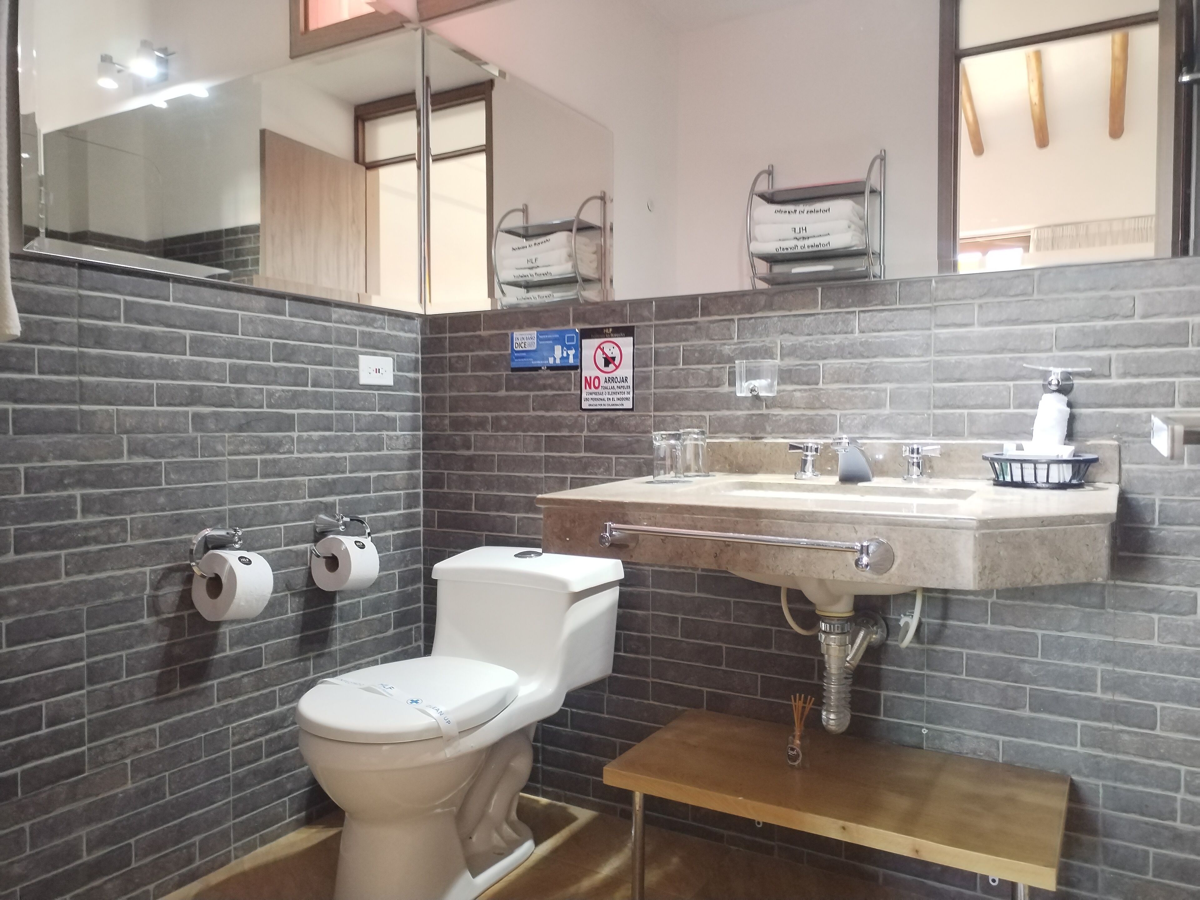 Baño con inodoro, lavabo y espejo. Hay dispensadores de toallas de papel y jabón. Un letrero indica que no se permite la excitación en el baño.