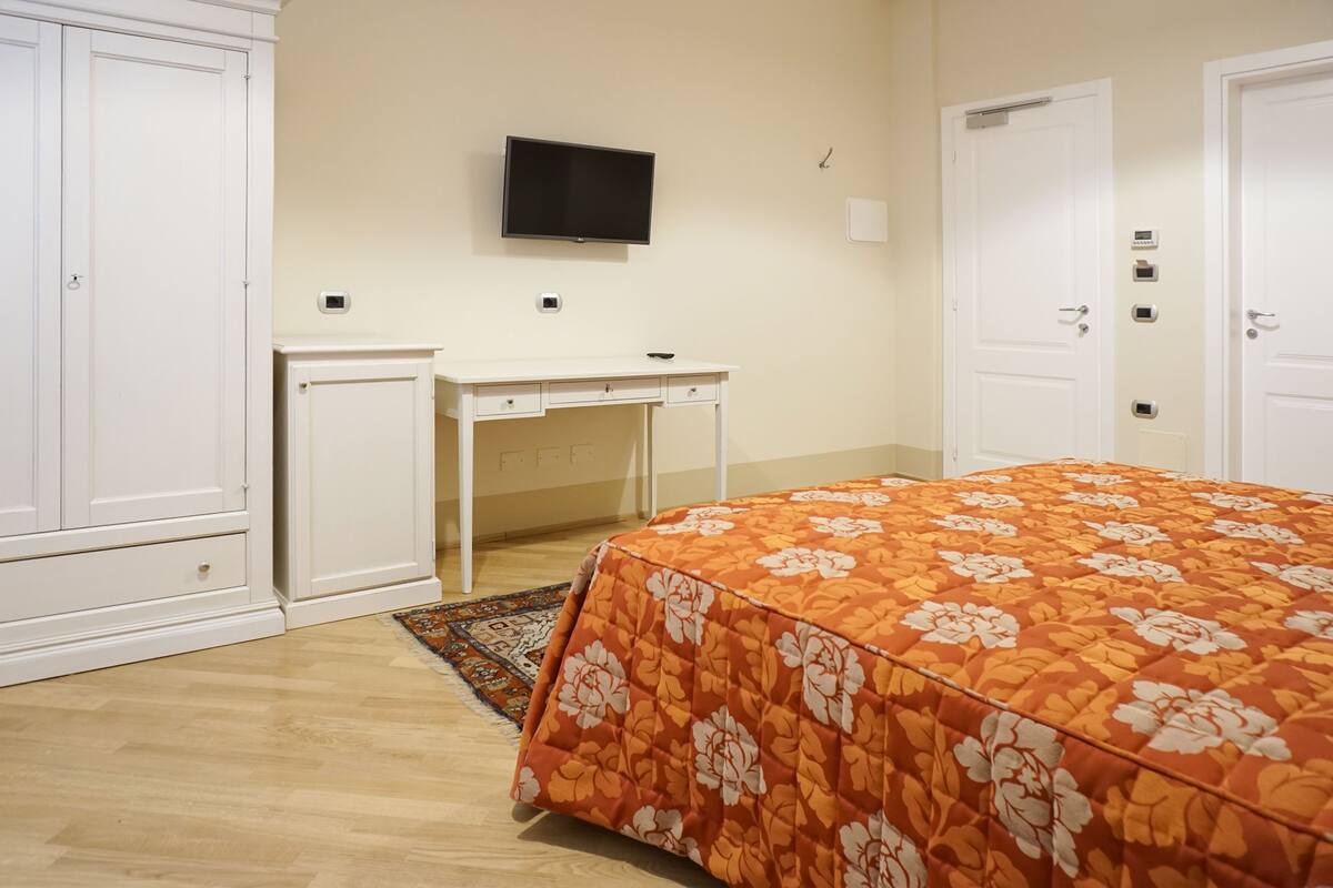 Une chambre à coucher avec un lit, un bureau, une télévision et deux portes.