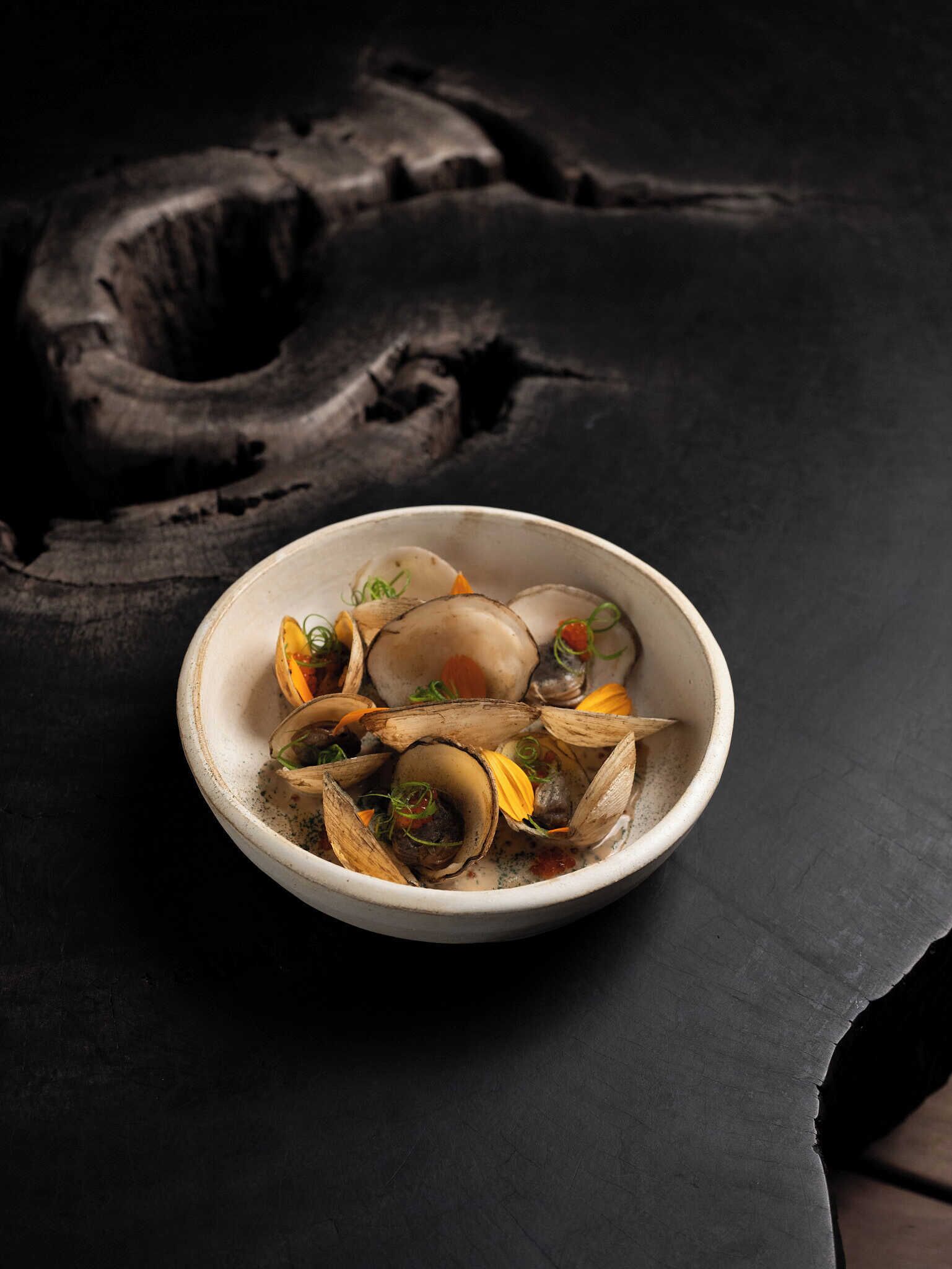 Uma tigela de sopa de marisco com amêijoas e legumes sobre uma superfície escura.