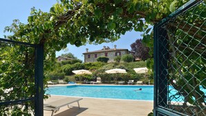 A swimming pool with lounge chairs and umbrellas, surrounded by greenery and a building in the background. - Fonte al Noce (Gubbio)