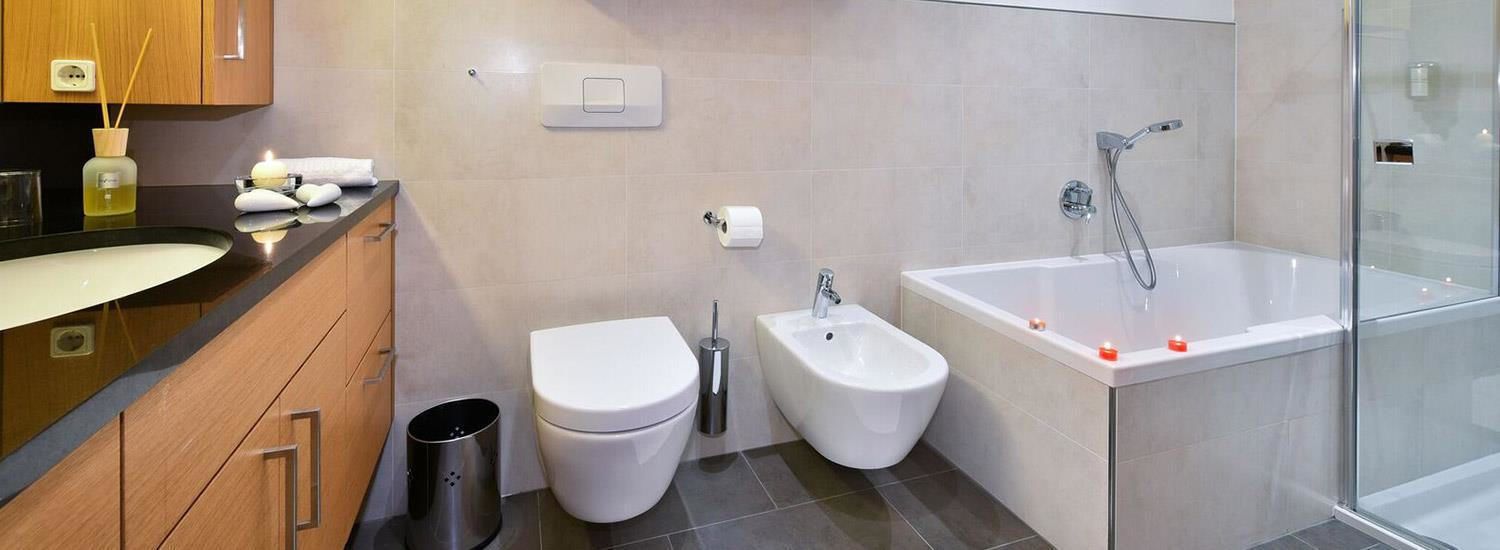Une salle de bain moderne équipée de toilettes, d’un bidet et d’une baignoire.