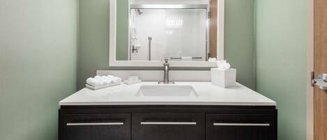Une salle de bain moderne avec un lavabo blanc, des meubles en bois foncé et un grand miroir.