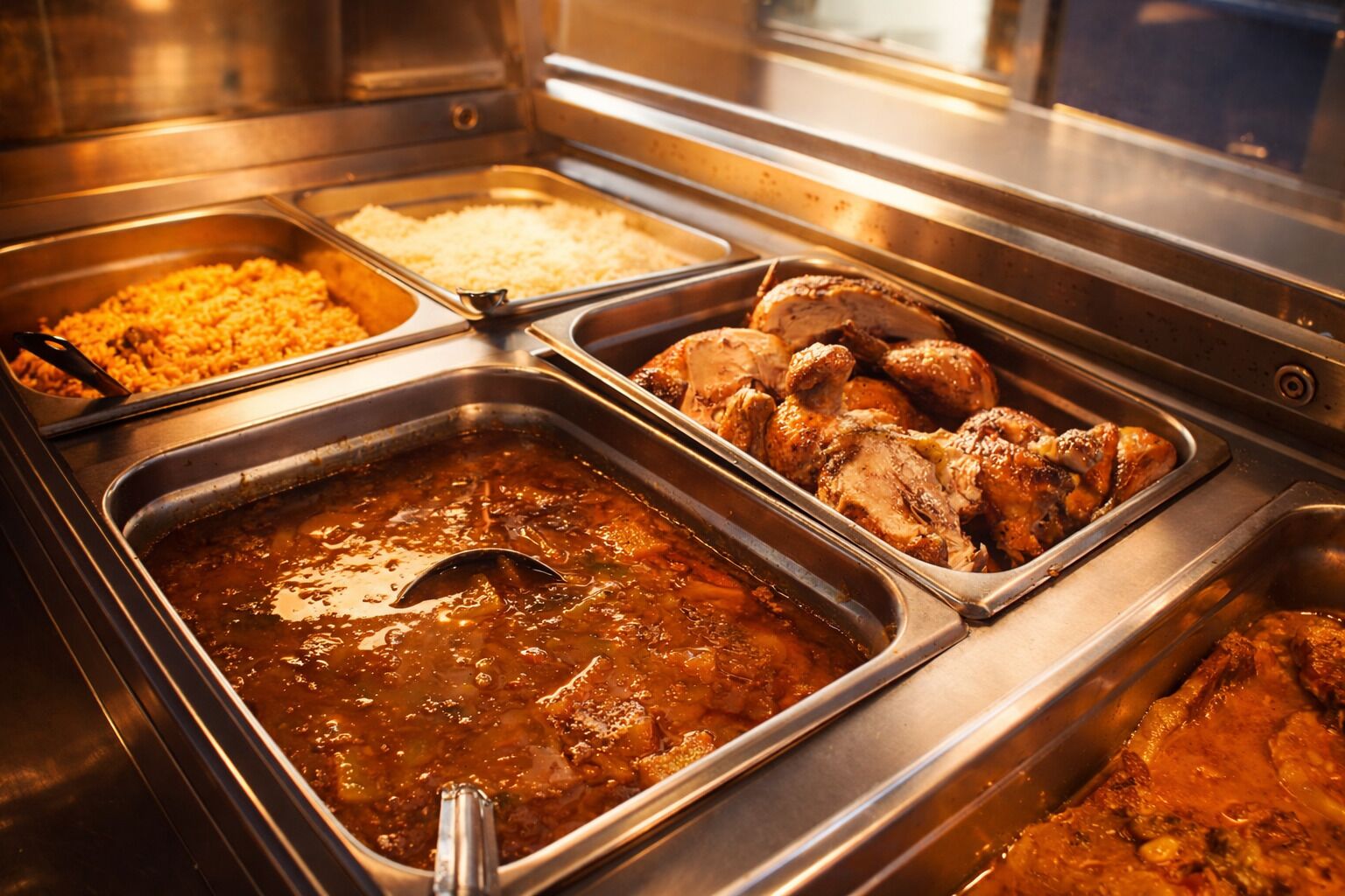 Un buffet proposant divers plats, notamment du riz, du poulet et un ragoût.