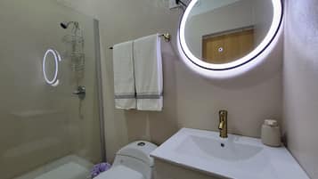 A bathroom with a glass shower enclosure, a toilet, a sink with a mirror, and a towel hanging on the wall.