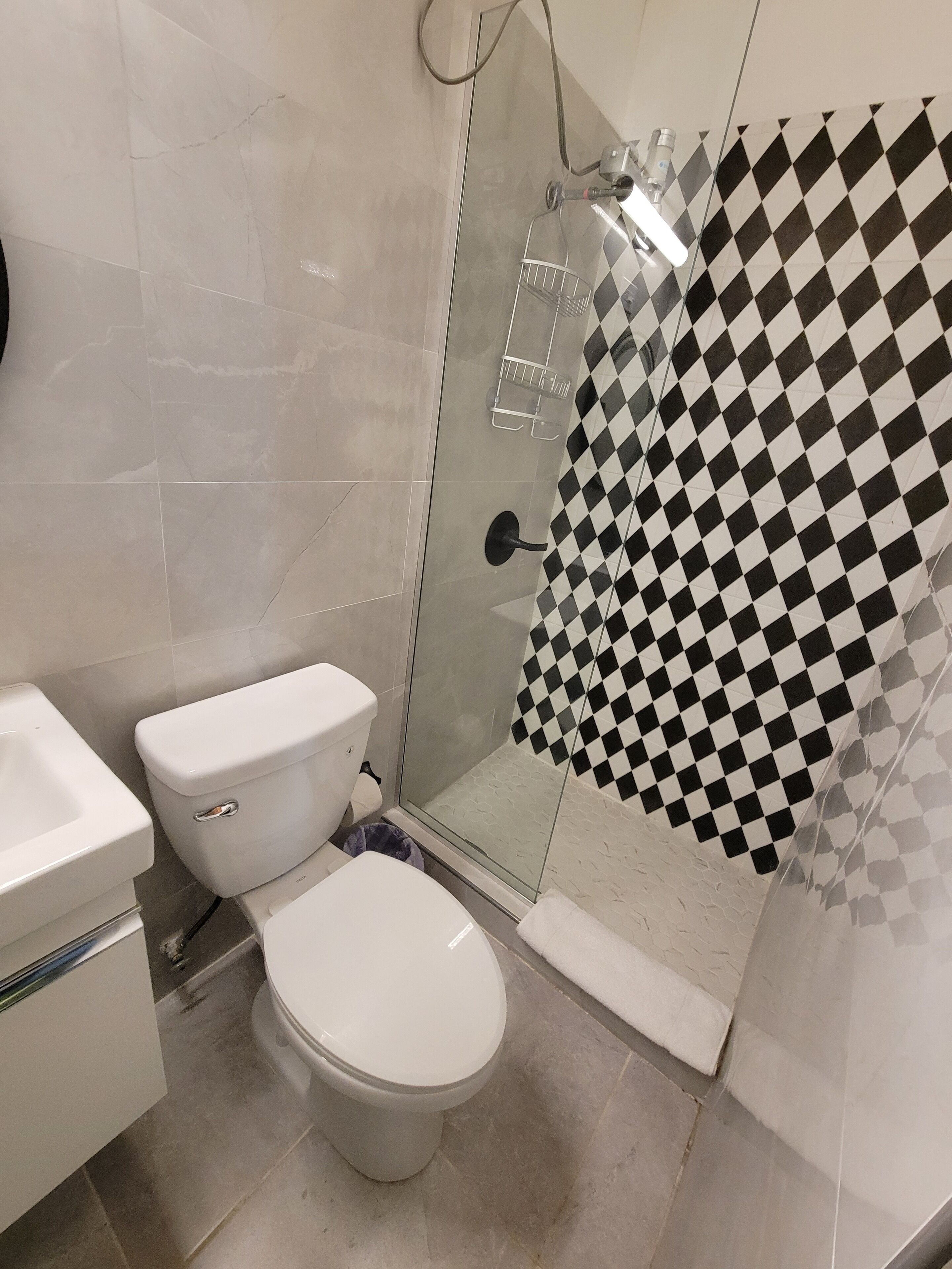 A bathroom with a toilet, sink, and shower area.