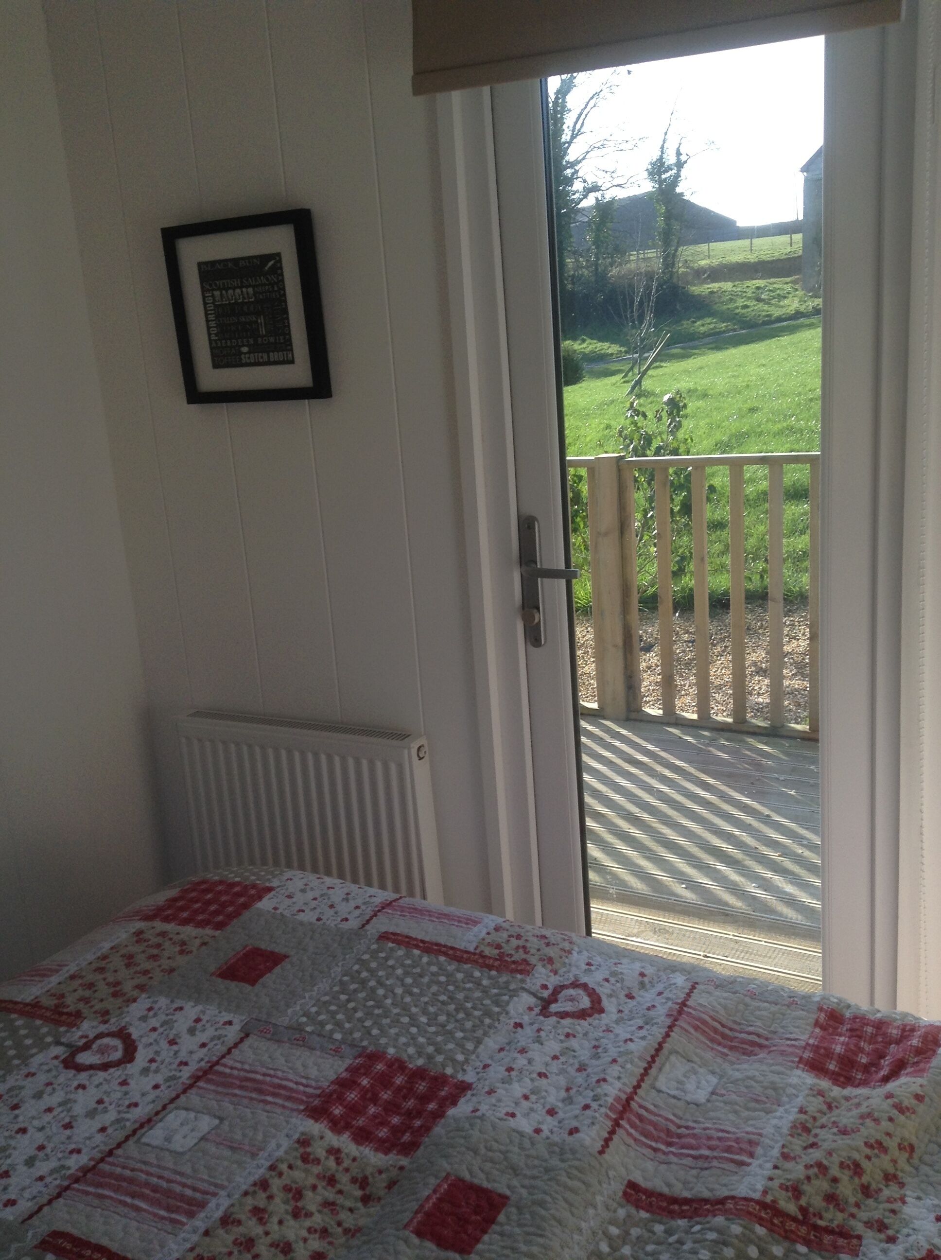 A room with a bed, a radiator, a framed picture on the wall, and a door leading to a balcony with a view of a green landscape.