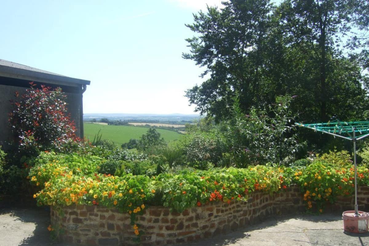 Eine Steinmauer mit blühenden Pflanzen, eine Wäscheleine aus Metall und im Hintergrund ein Blick auf ein grünes Feld und Bäume.
