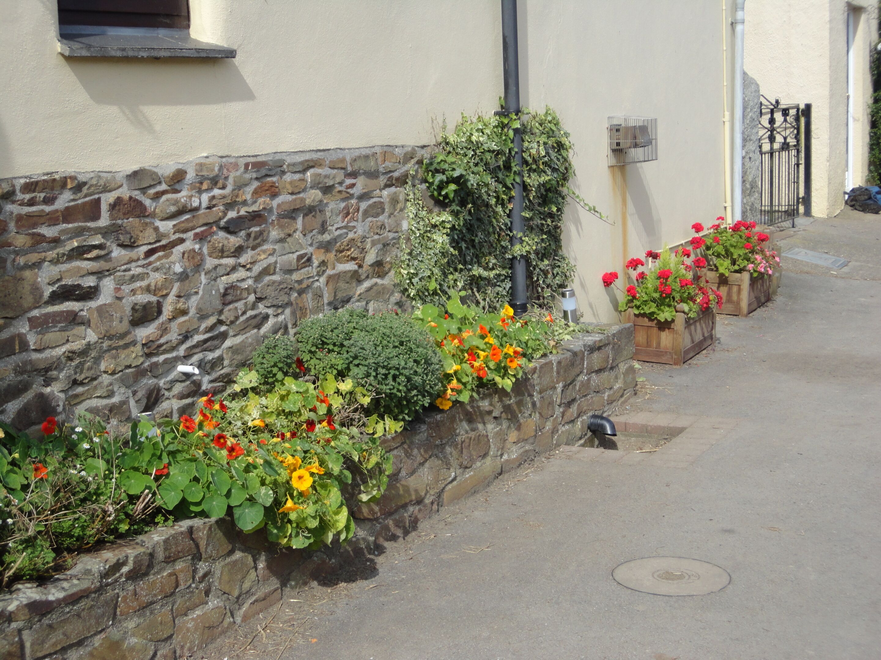 Una calle estrecha con paredes de piedra y jardineras florales.