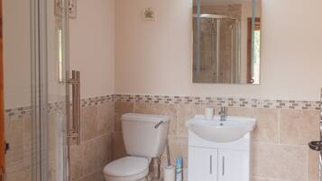 A bathroom with a skylight, a glass shower enclosure, a toilet, a sink, and a tiled floor.
