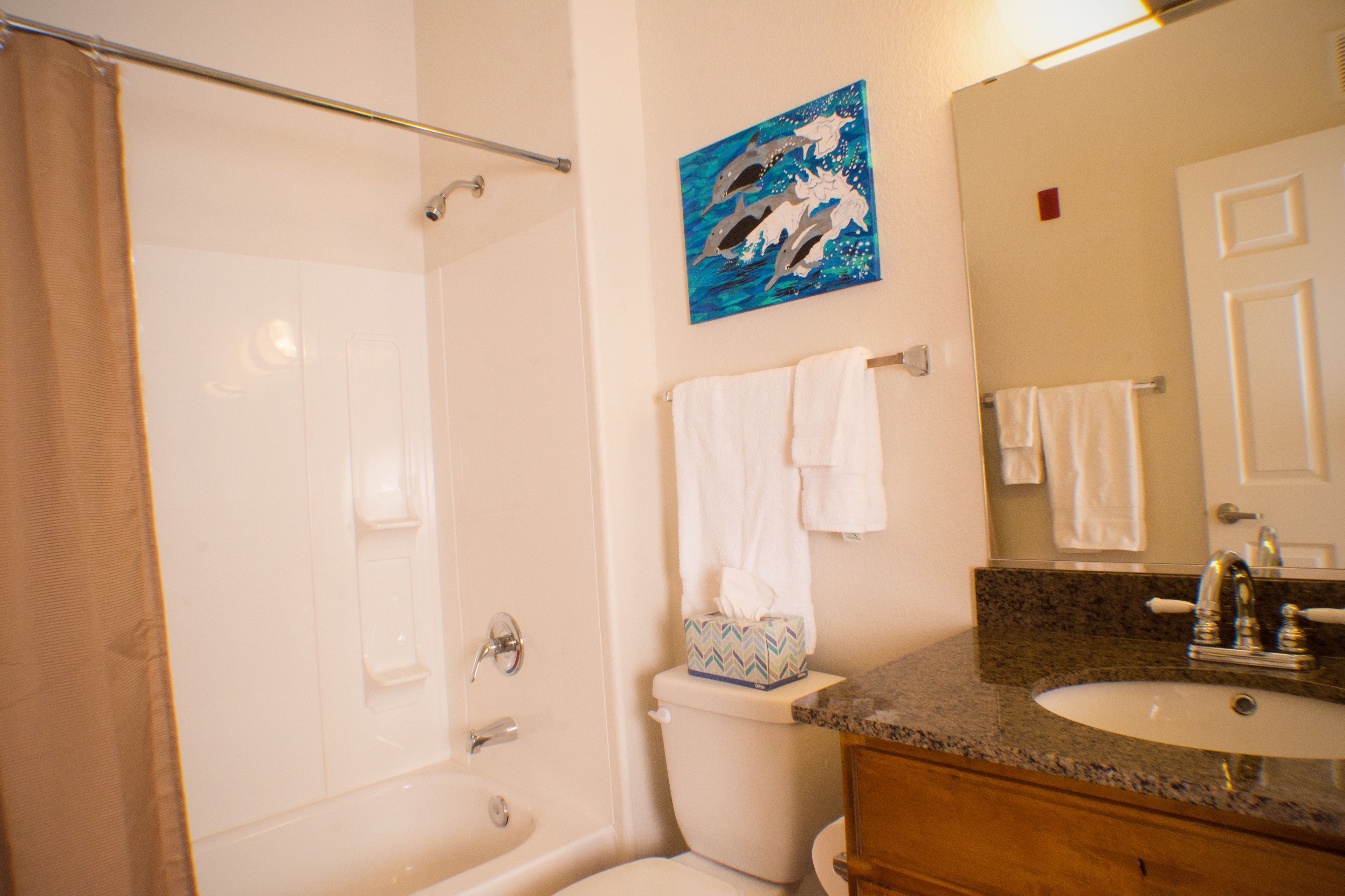 condo, pool view | bathroom | combined shower/bathtub, free toiletries, towels