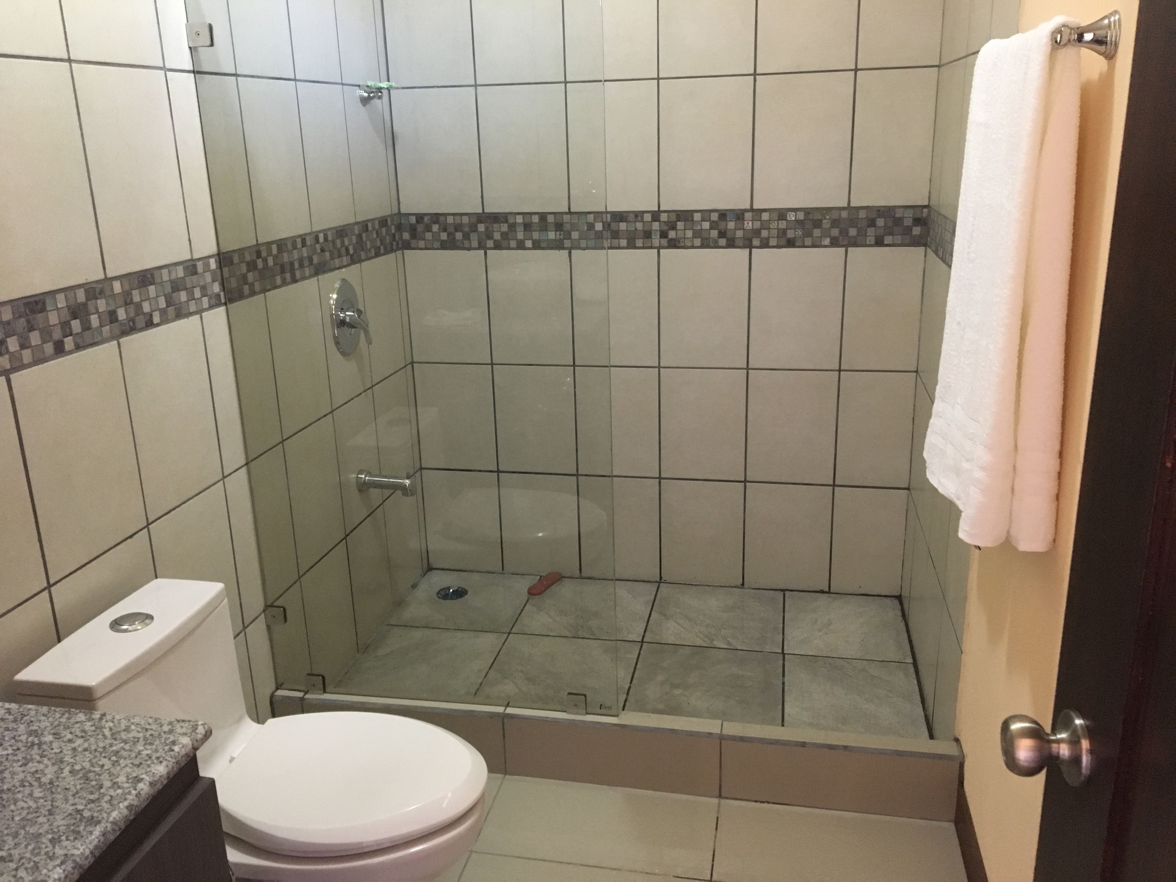 A bathroom with a toilet, shower, and sink.