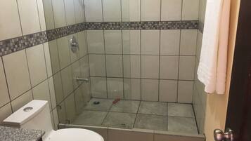 A bathroom with a toilet, shower, and sink.