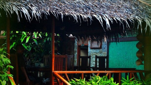 A wooden structure with a thatched roof, a staircase leading to an upper level, and potted plants around the entrance.