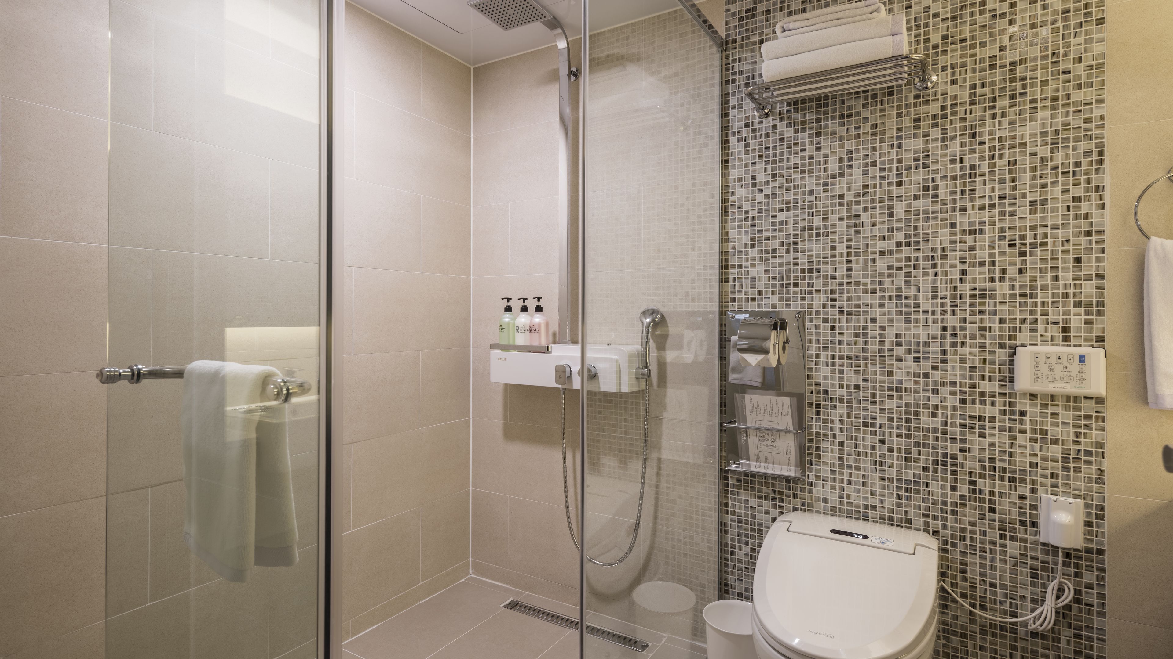 shower, hair dryer, slippers, bidet