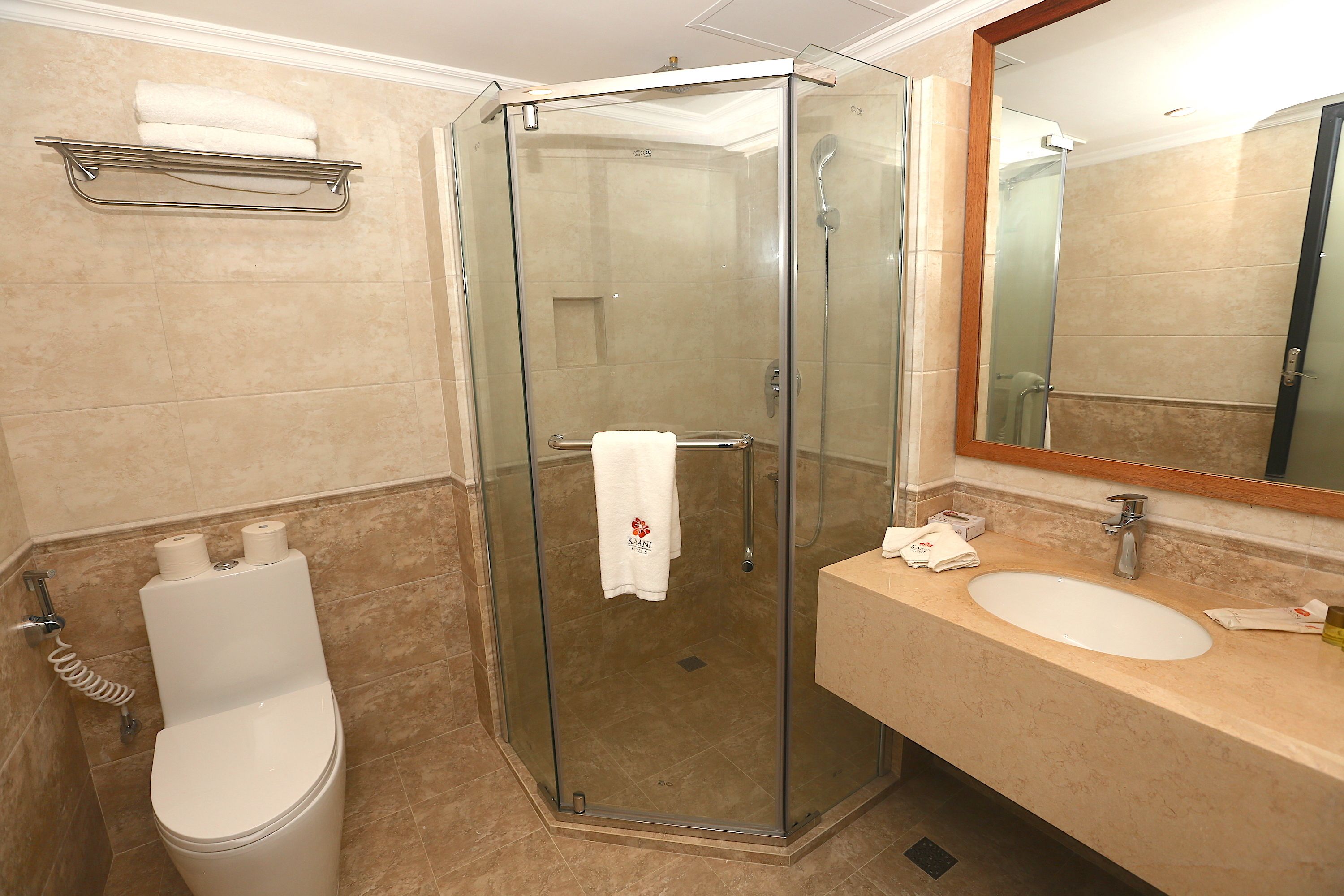 deluxe double room with balcony and sea view | bathroom | shower, rainfall showerhead, free toiletries, hair dryer