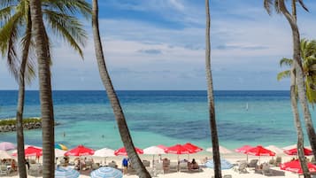 Een strand met palmbomen, helderblauw water en wit zand.